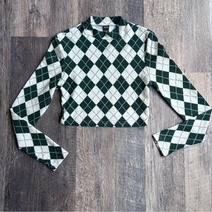 Green and White Argyle Women's Crop Top Size Medium